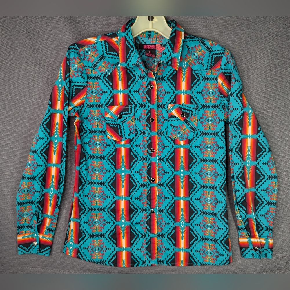 Western Shirt Kids L Unisex Southwestern Tribal Pattern Pearl Snap Multicolor - Picture 11 of 11